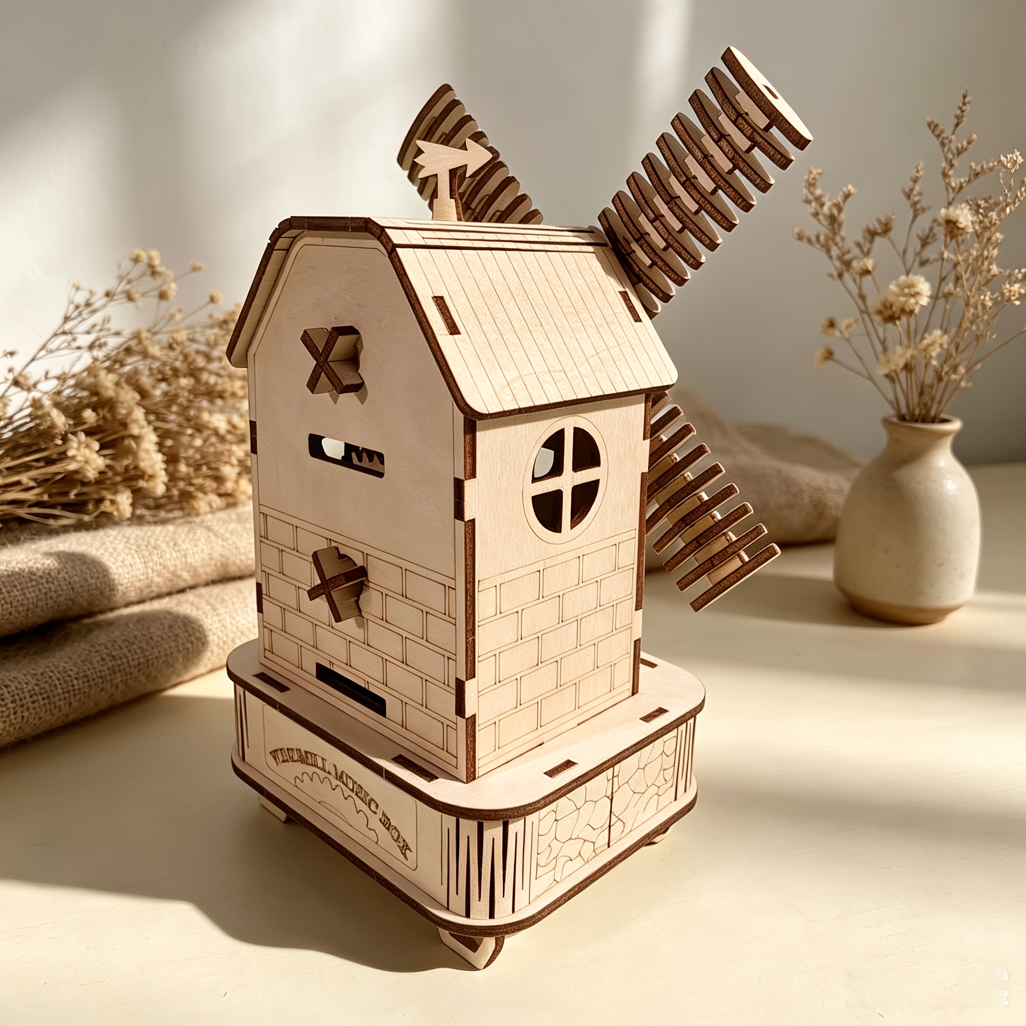 3D Wooden Windmill Music Box Kit, Vintage Design
